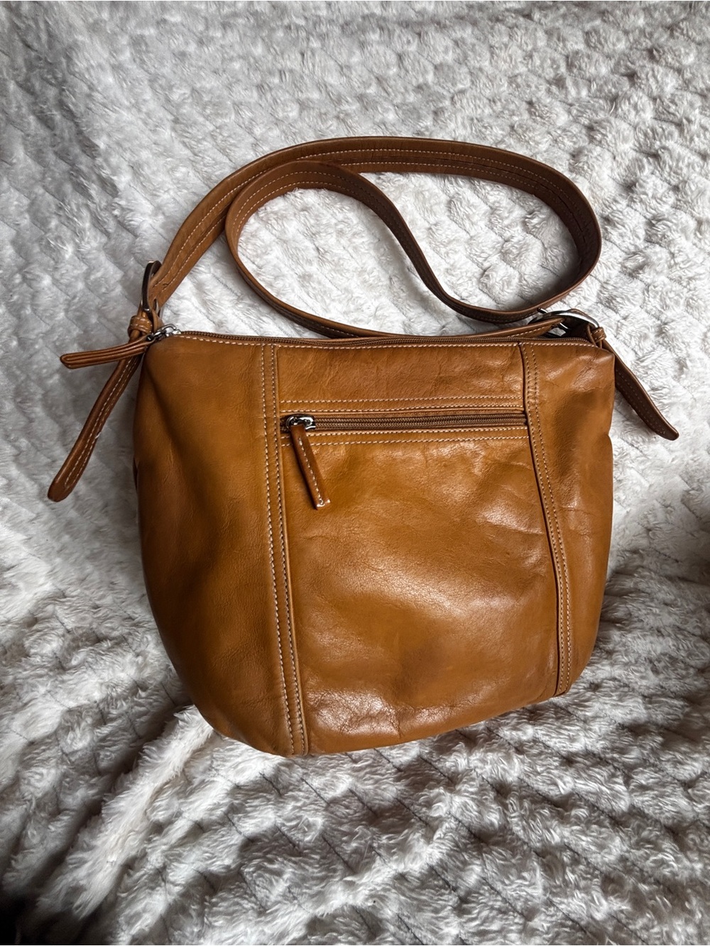 Tignanello Mustard Leather Dual Zip Crossbody Bag